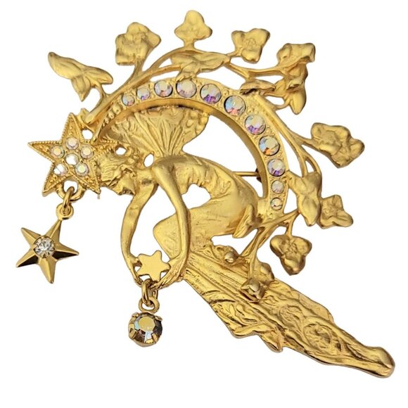 Kirk's Folly Gold Tone  Beautiful Fairy On A Crescent Moon Star Dangle Brooch - Picture 5 of 9
